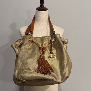 Michael Kors Large Gold Tote Bag with Brown Accents